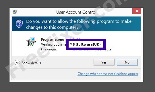 Screenshot where M8 Software(UK) appears as the verified publisher in the UAC dialog